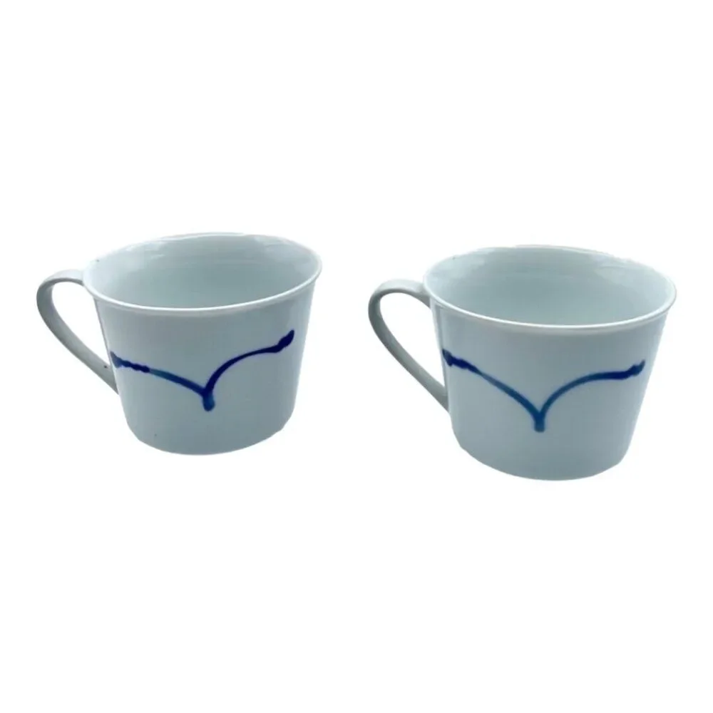 2 Blue & White Koi Fish Carp Tea Cups Mugs Hand Painted Porcelain Vintage